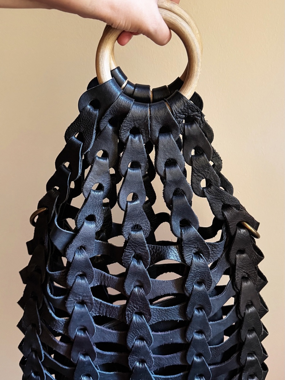 Italian Leather Woven Tote with Wooden Ring Handles - Picture 2 of 6